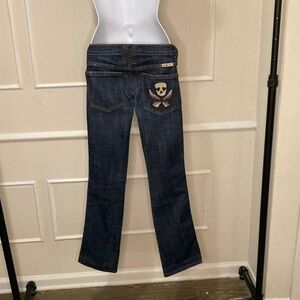 Frankie B. Navy Straight Leg Jeans with Skull and Butterfly
